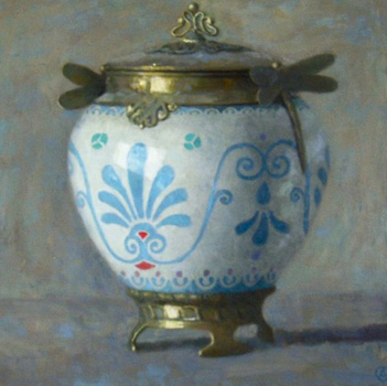 Silver Cups on Gold and Orange Dots