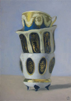 3 Blue, White and Gold Cups Stacked