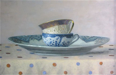 Plates and Cups on Blue and Orange Dots
