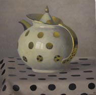 Gold Cup and Plate on Gray Polka Dots